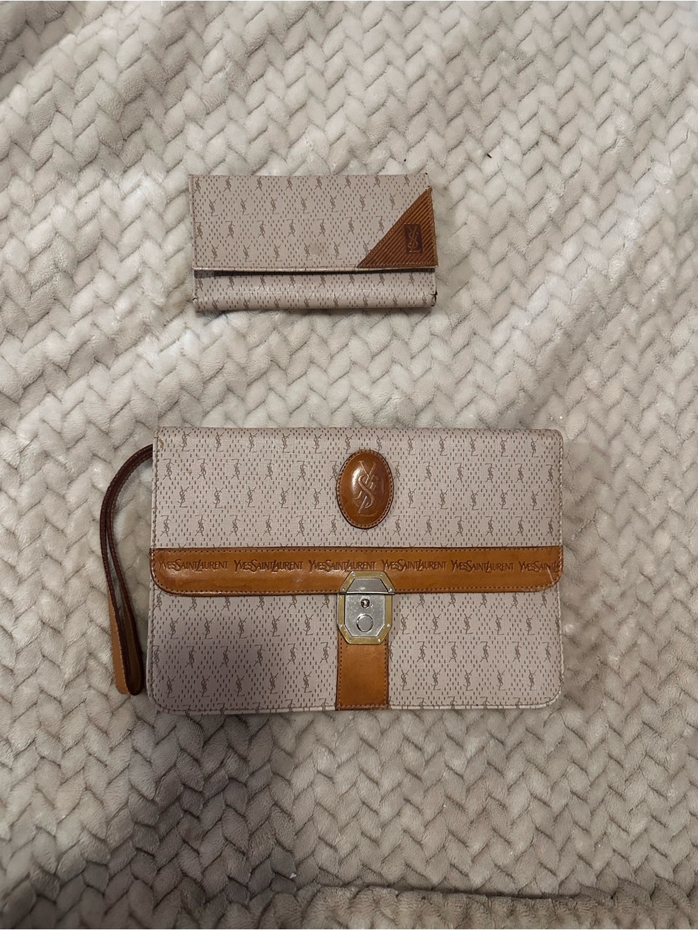 Vintage Yves Saint Laurent YSL Monogram Clutch Wallet 2 Piece Set Made France